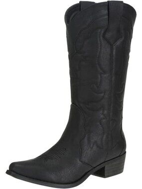 Women's Black Cowgirl Boots Snip Toe Wide Calf Chunky Heel Fashion Western Shoes
